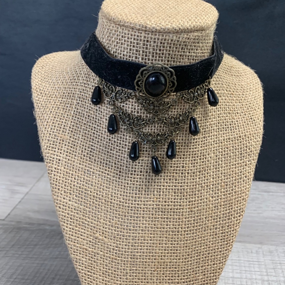 Black Velvet Gothic Victorian Choker Necklace Antique Brass Filigree Bib 4826